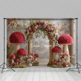 Aperturee - Aperturee Fantasy Mushroom Arch Photography Backdrop Red Toadstools with Floral Garland Enchanted Wedding Photo Background